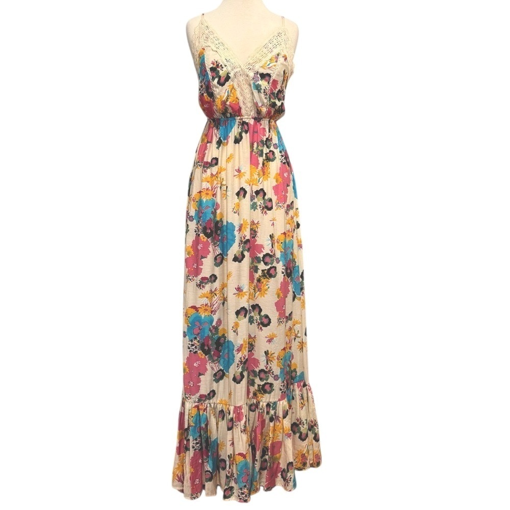 Meghan LA Floral Summer Maxi Dress Strappy Backless Lace Trim Boho Size Small - Picture 3 of 10